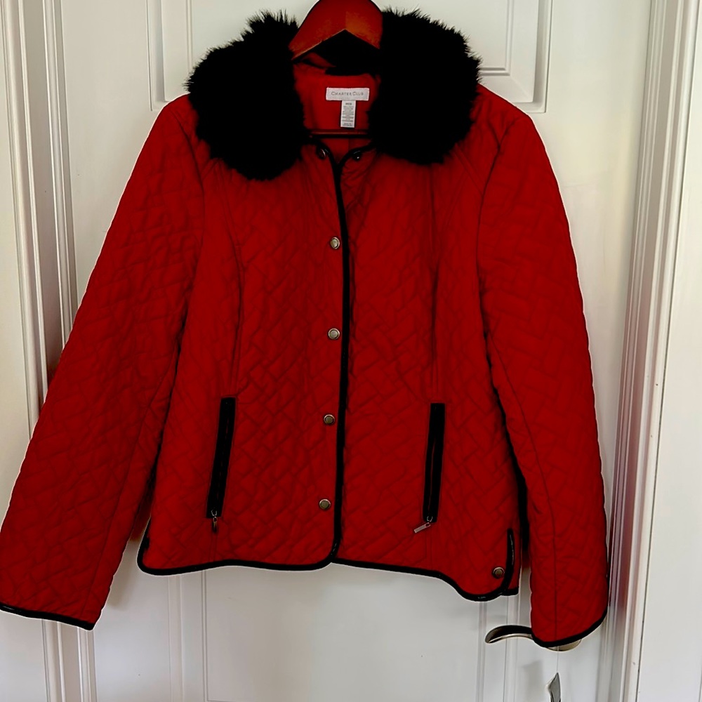 Charter Club Red Quilted Jacket with detachable faux fur, NWT